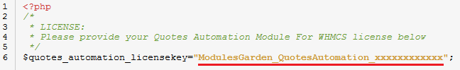 Quotes Automation For WHMCS: license.php file with the license key entered between quotation marks