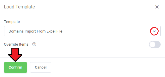 Quotes Automation For WHMCS: Load Template dialog with the template dropdown, Override Items switch and Confirm button