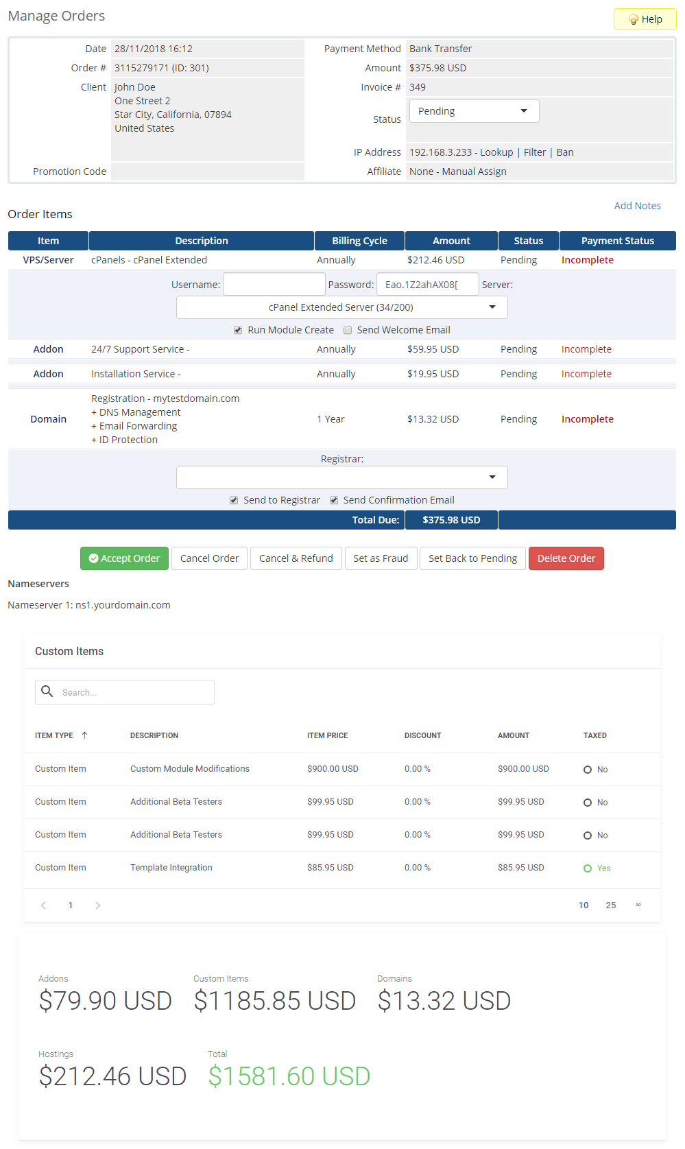 Quotes Automation For WHMCS: WHMCS Manage Orders page for the quote order with a Custom Items table and totals summary