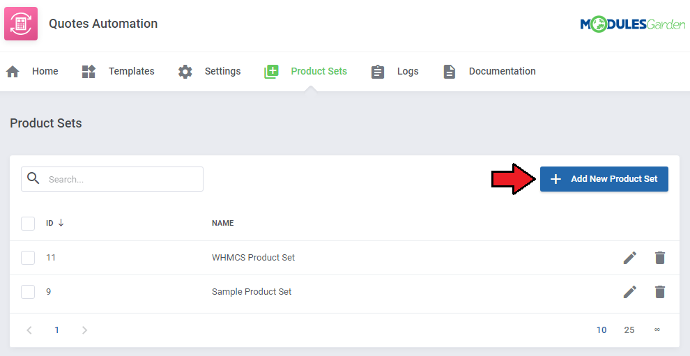 Quotes Automation For WHMCS: Product Sets tab in the addon with the product set list and the Add New Product Set button