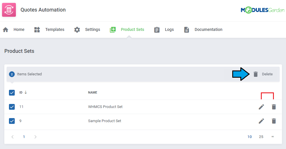 Quotes Automation For WHMCS: Product Sets list with all rows selected and the mass Delete button, plus edit and delete