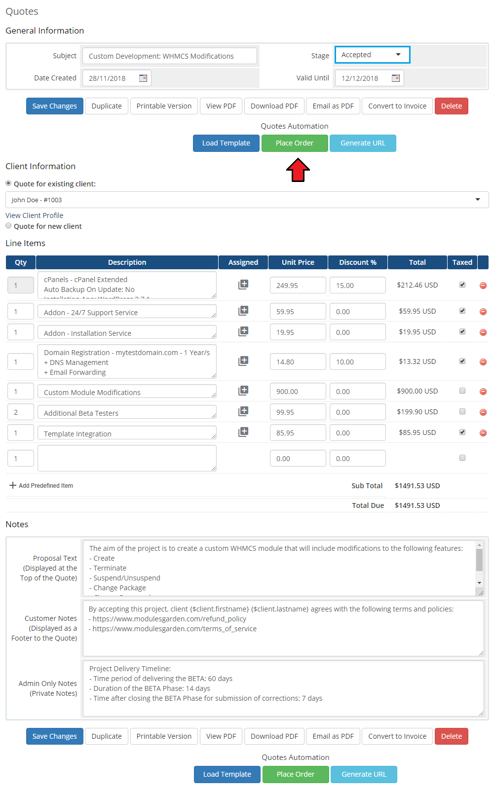 Quotes Automation For WHMCS: WHMCS quote with the stage set to Accepted and the Place Order button highlighted