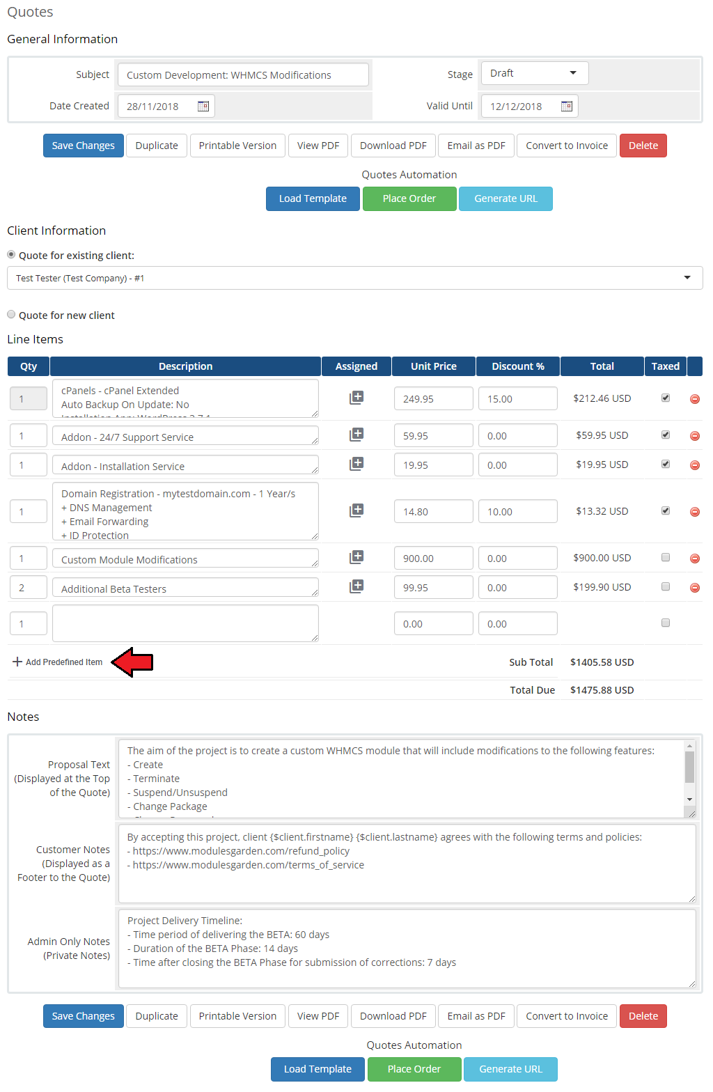 Quotes Automation For WHMCS: WHMCS quote page with the Add Predefined Item button below the line items list