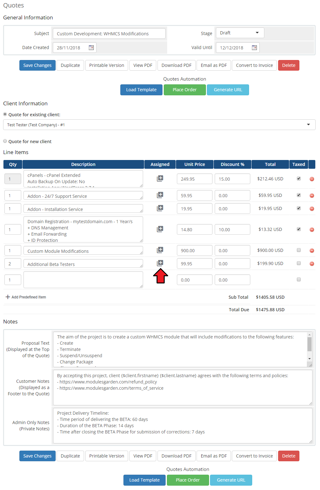 Quotes Automation For WHMCS: WHMCS quote line items with the Assigned icon highlighted for assigning a custom item