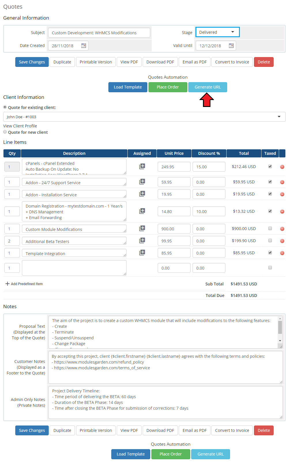 Quotes Automation For WHMCS: WHMCS quote with the stage set to Delivered and the Generate URL button highlighted