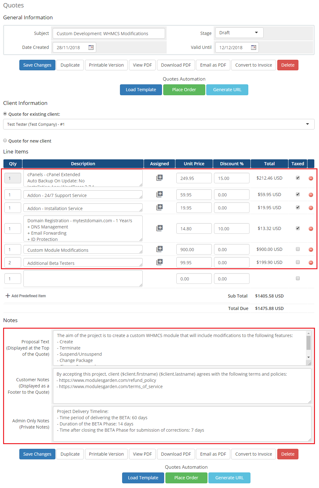 Quotes Automation For WHMCS: WHMCS quote loaded from a template with line items and the proposal, customer and admin