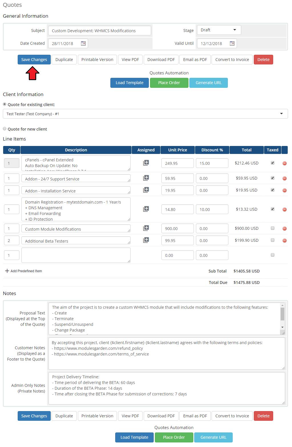 Quotes Automation For WHMCS: WHMCS quote page with the Save Changes button highlighted above the Quotes Automation