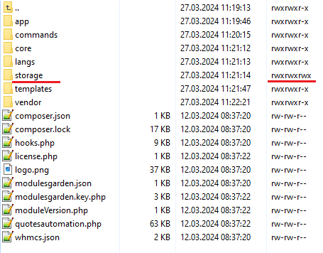 Quotes Automation For WHMCS: file manager with the storage folder set to recursive write permissions