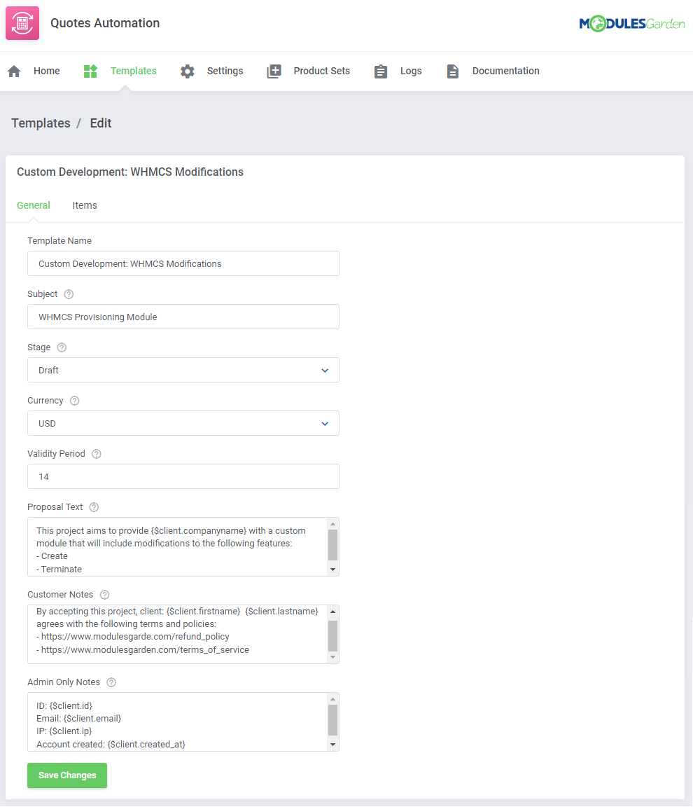 Quotes Automation For WHMCS: template edit page General tab with subject, stage, currency and notes fields