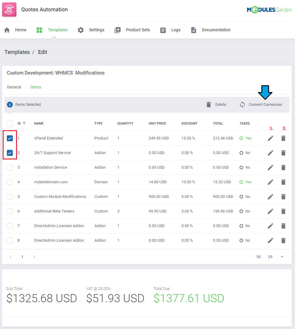 Quotes Automation For WHMCS: template Items tab with two items selected and the Convert Currencies button