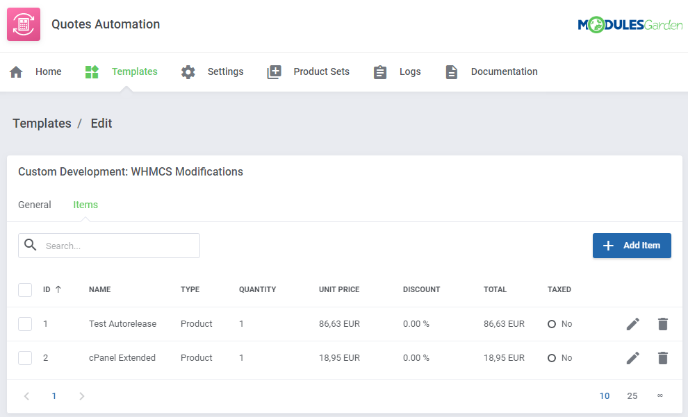 Quotes Automation For WHMCS: template edit page Items tab with the item list and the Add Item button
