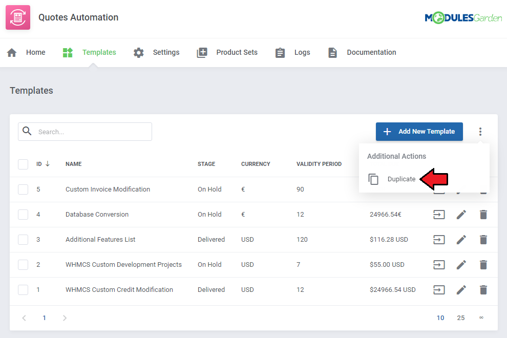 Quotes Automation For WHMCS: Templates tab with the Additional Actions menu and the Duplicate option marked