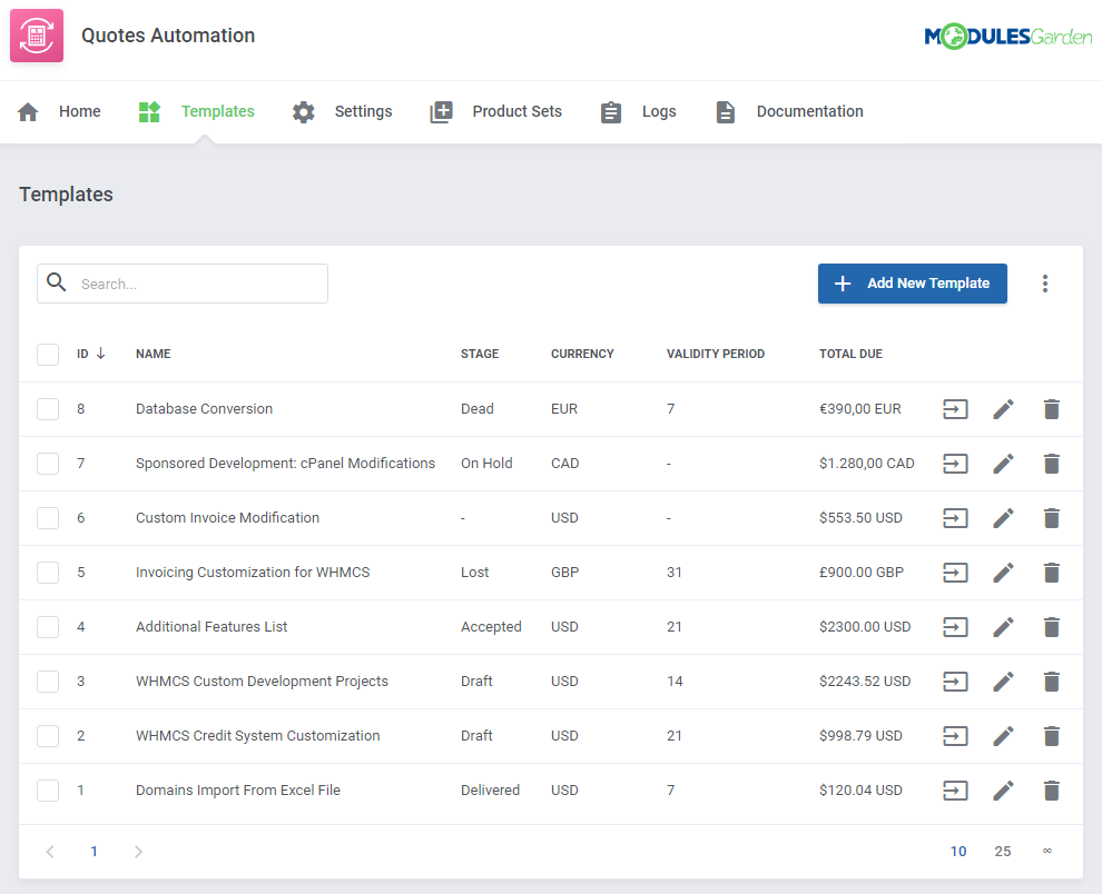 Quotes Automation For WHMCS: module Templates tab with the template list and the Add New Template button