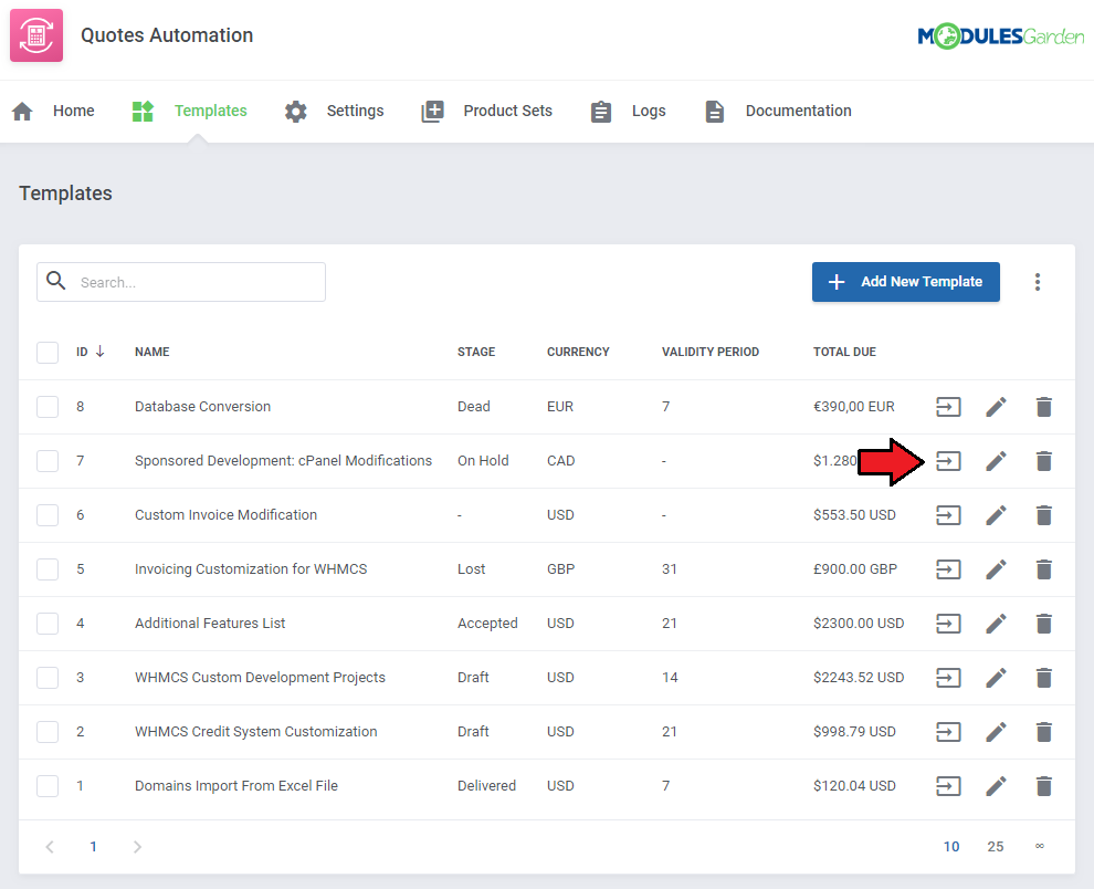 Quotes Automation For WHMCS: Templates tab in the addon with the load to quote icon highlighted next to a template