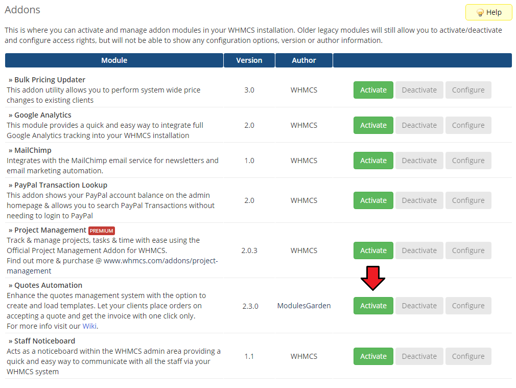 Quotes Automation For WHMCS: WHMCS Addon Modules list with the Activate button next to Quotes Automation