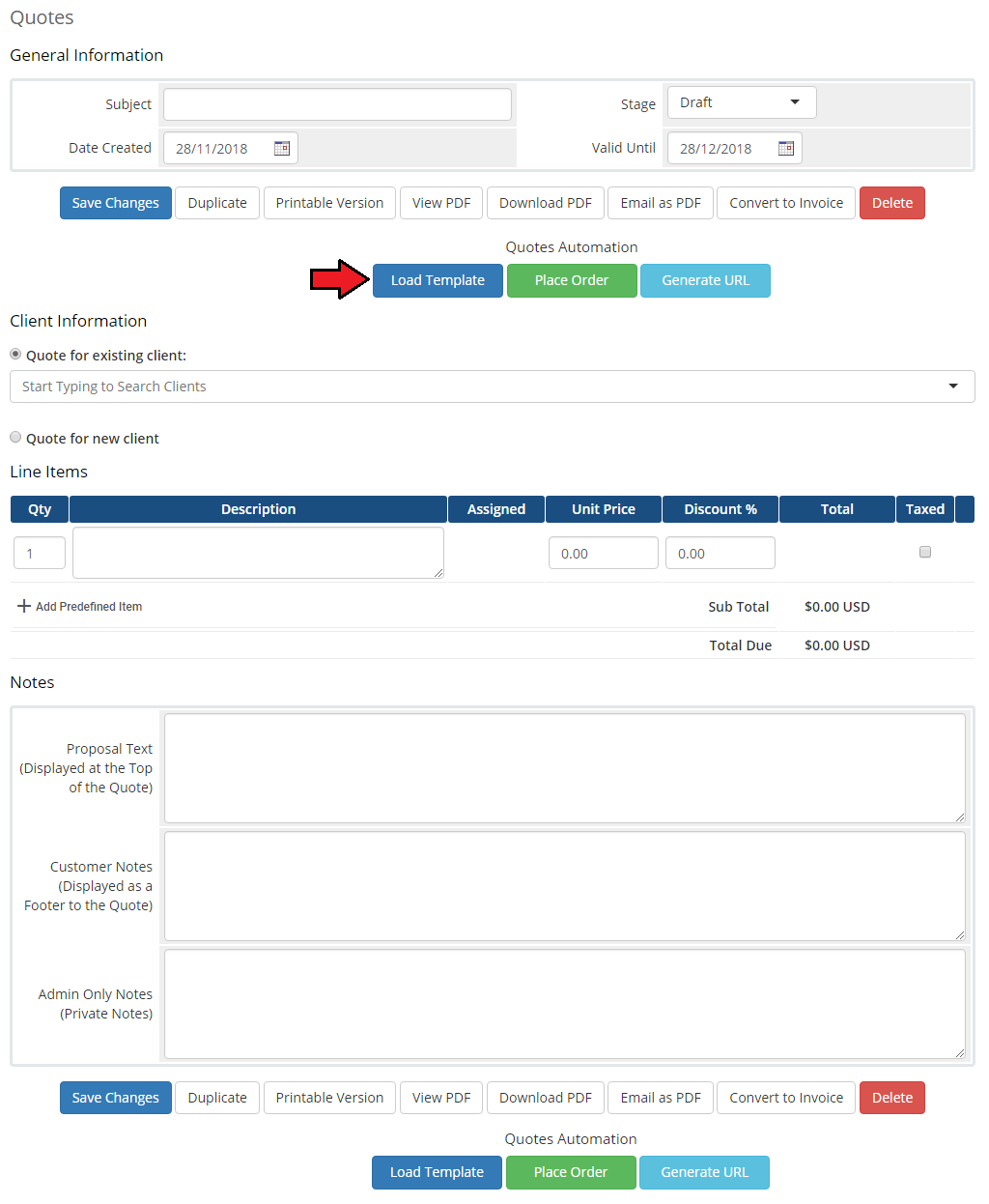 Quotes Automation For WHMCS: WHMCS quote page with Quotes Automation buttons Load Template, Place Order and Generate URL