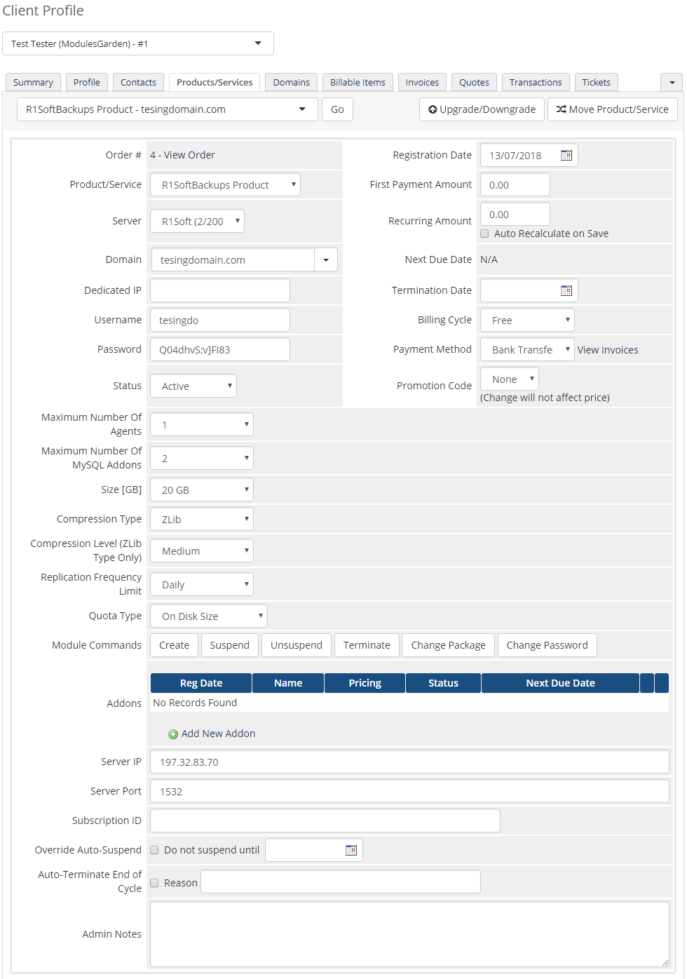 R1Soft Backups For WHMCS: WHMCS client profile product page with module command buttons and Server IP and Server Port