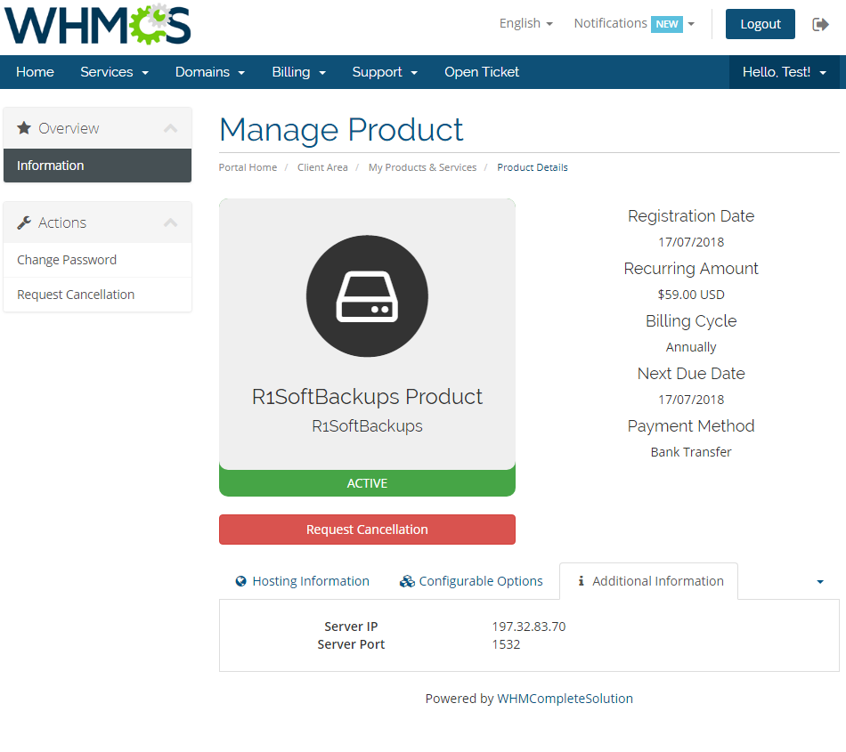 R1Soft Backups For WHMCS: client area Manage Product page with the Additional Information tab showing Server IP and Port