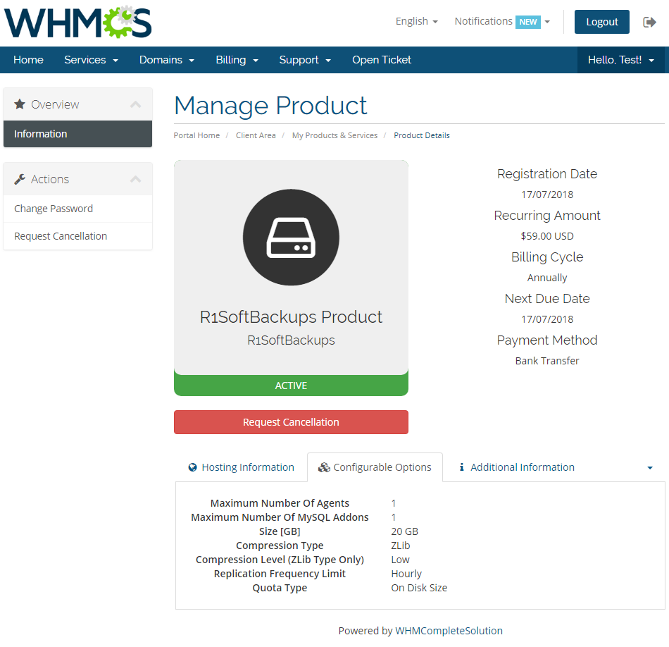 R1Soft Backups For WHMCS: client area Manage Product page with the Configurable Options tab listing the product limits