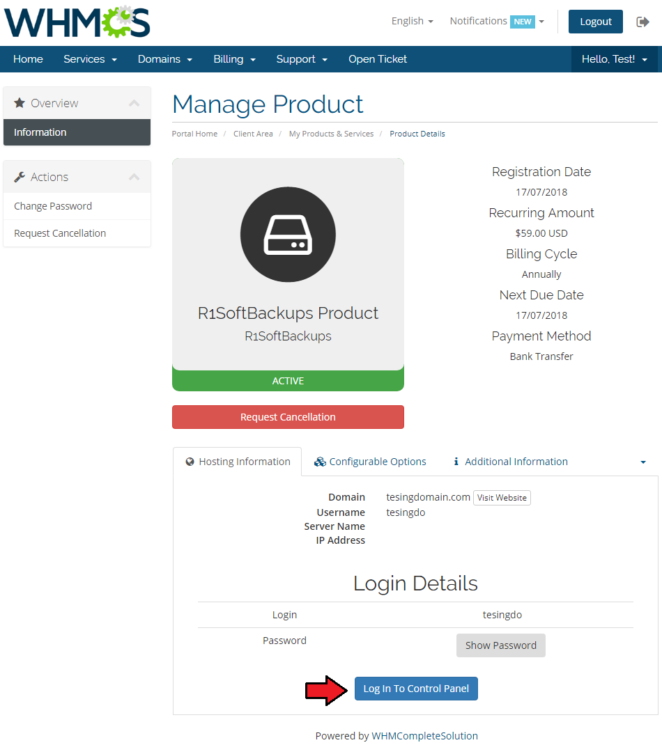 R1Soft Backups For WHMCS: WHMCS client area Manage Product page with the Log In To Control Panel button