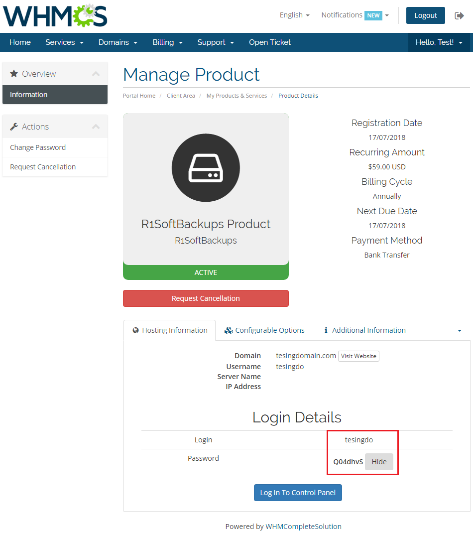 R1Soft Backups For WHMCS: Manage Product page in the client area with login details and the password shown with Hide