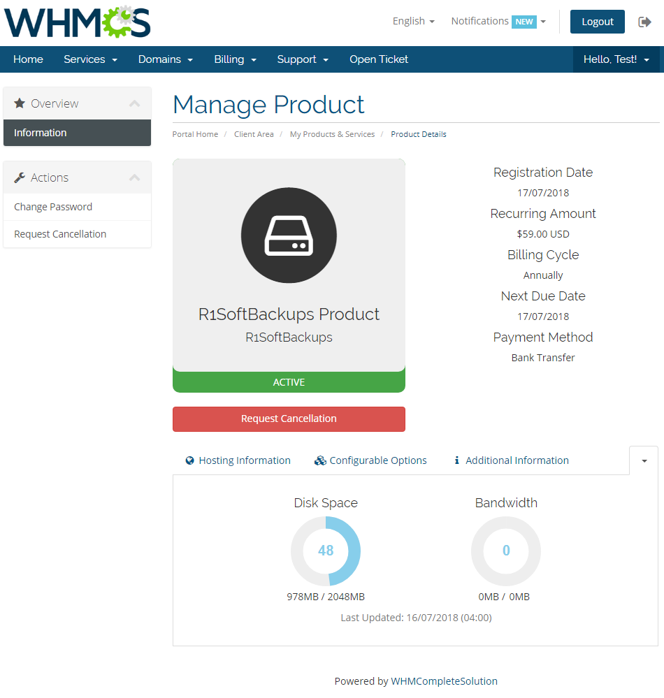 R1Soft Backups For WHMCS: client area Manage Product page with disk space and bandwidth usage graphs
