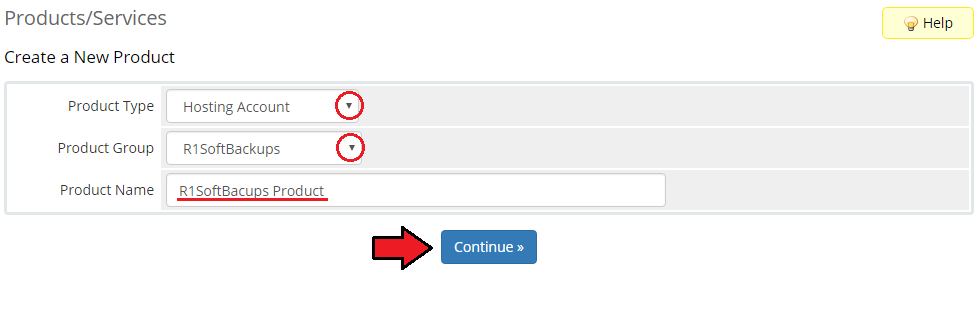 R1Soft Backups For WHMCS: WHMCS Create a New Product form with product type, group and name fields and Continue button