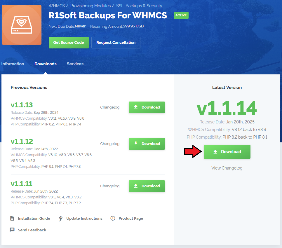 R1Soft Backups For WHMCS: module download page in the client area with the Download button for the latest version
