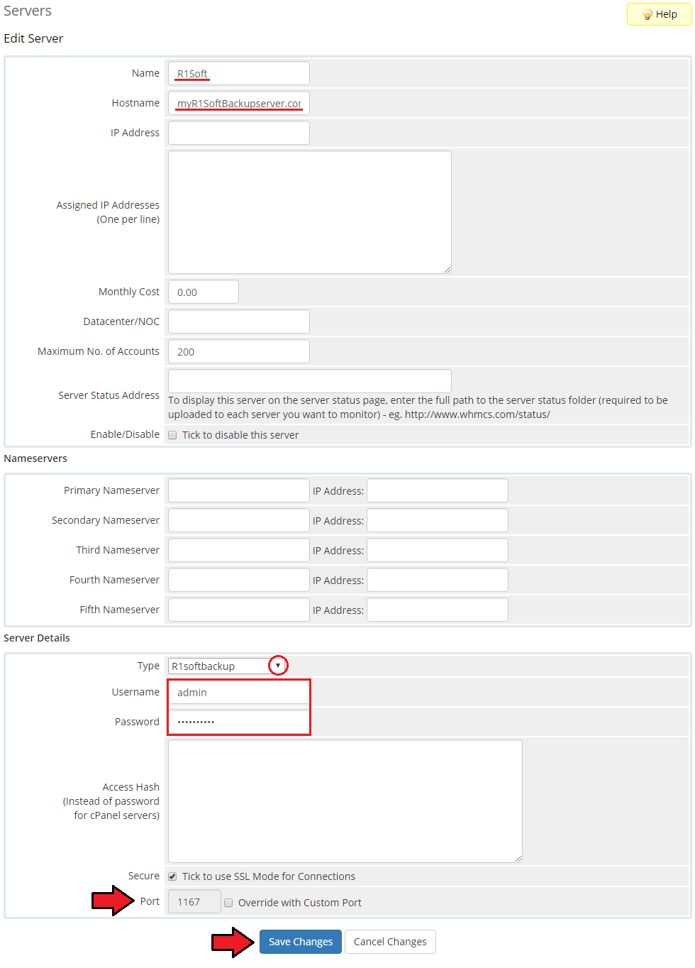 R1Soft Backups For WHMCS: WHMCS Edit Server form with name, hostname, R1softbackup type, username, password and port