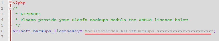 R1Soft Backups For WHMCS: license.php file open in an editor with the license key variable between quotation marks