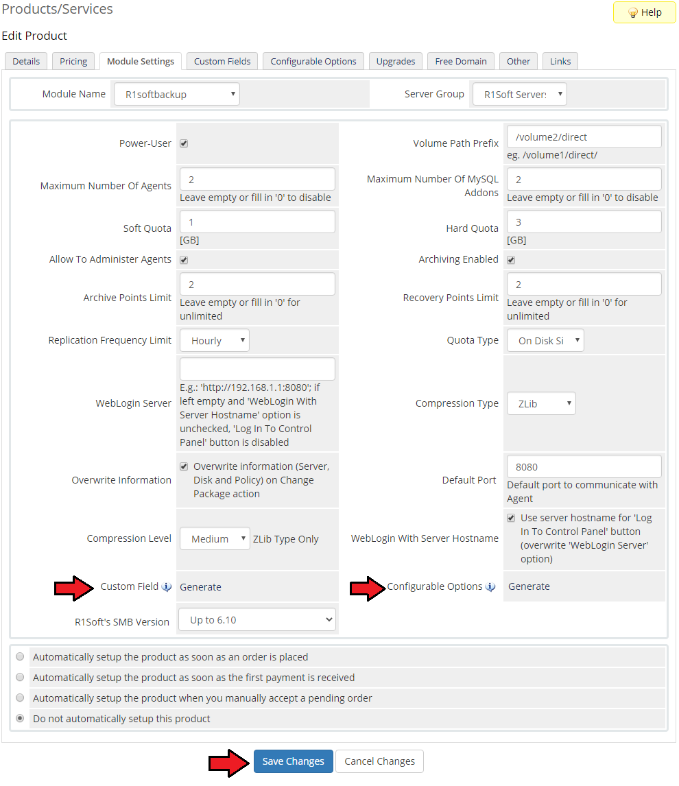 R1Soft Backups For WHMCS: filled product Module Settings tab with Generate links for custom fields and options