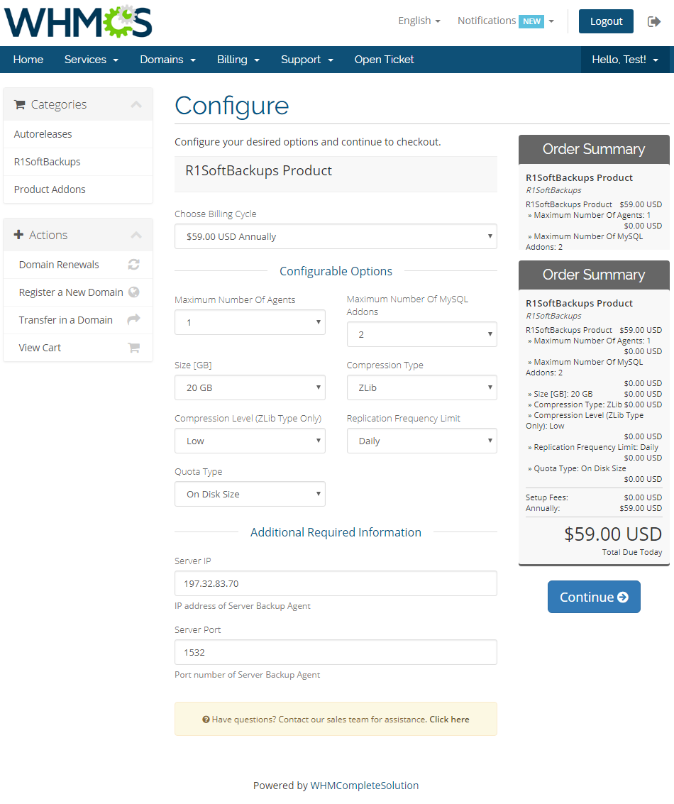 R1Soft Backups For WHMCS: WHMCS order form Configure page with configurable options and Server IP and Server Port fields