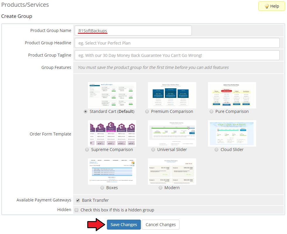 R1Soft Backups For WHMCS: WHMCS Create Group form with the product group name and Save Changes button