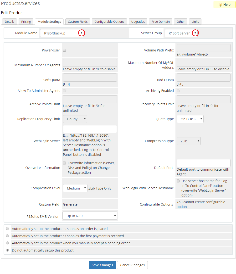 R1Soft Backups For WHMCS: product Module Settings tab with the R1softbackup module and R1Soft Servers server group