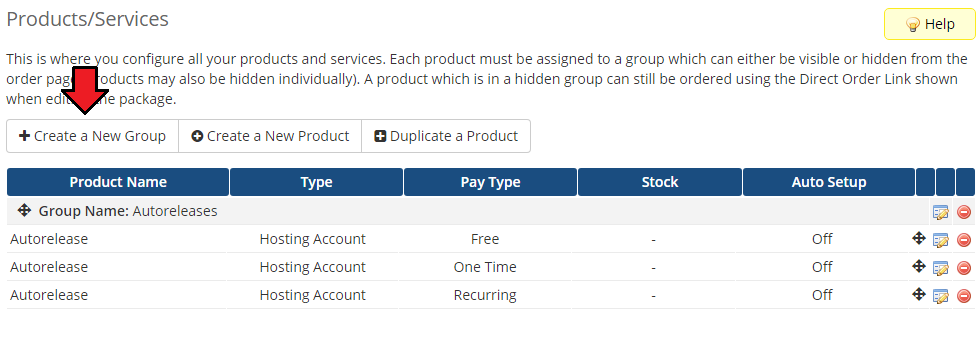 R1Soft Backups For WHMCS: WHMCS Products/Services page with the Create a New Group button above the product list