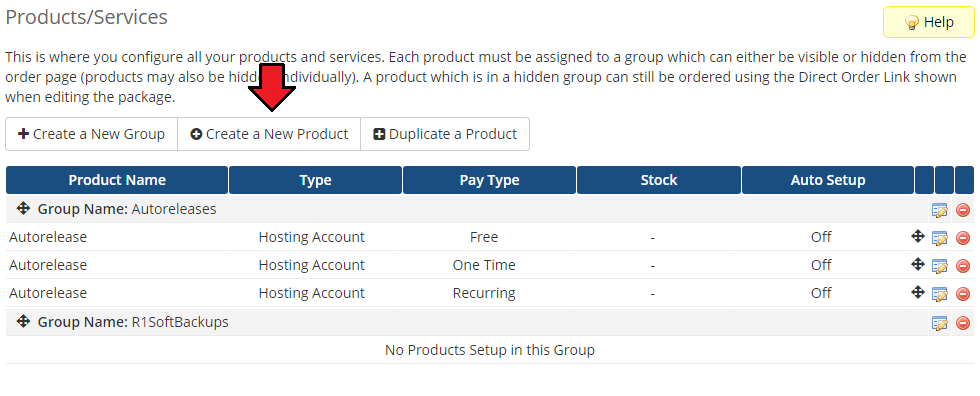 R1Soft Backups For WHMCS: WHMCS Products/Services page with the new group and the Create a New Product button