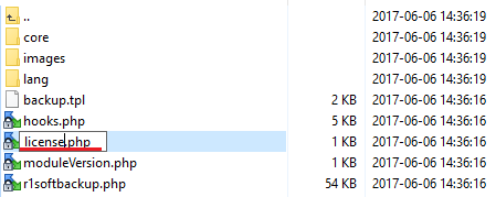 R1Soft Backups For WHMCS: module folder with the licenseRENAME.php file being renamed to license.php