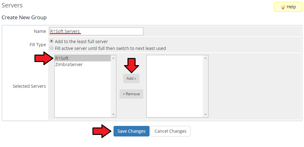 R1Soft Backups For WHMCS: Create New Group form in WHMCS with a group name and the R1Soft server added to the group