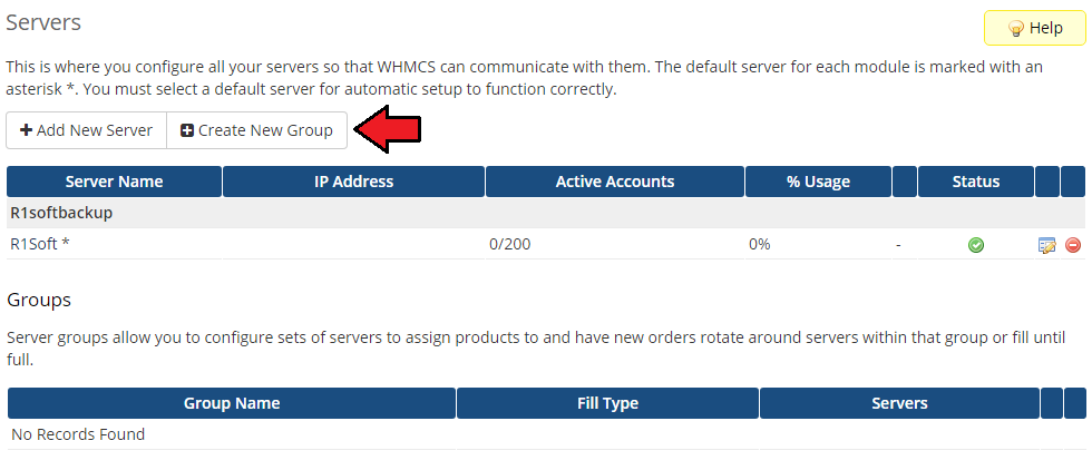 R1Soft Backups For WHMCS: WHMCS Servers page with the R1Soft server listed and the Create New Group button