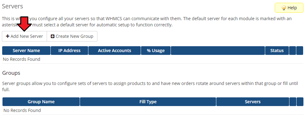 R1Soft Backups For WHMCS: WHMCS admin Servers page with the Add New Server button and empty server list