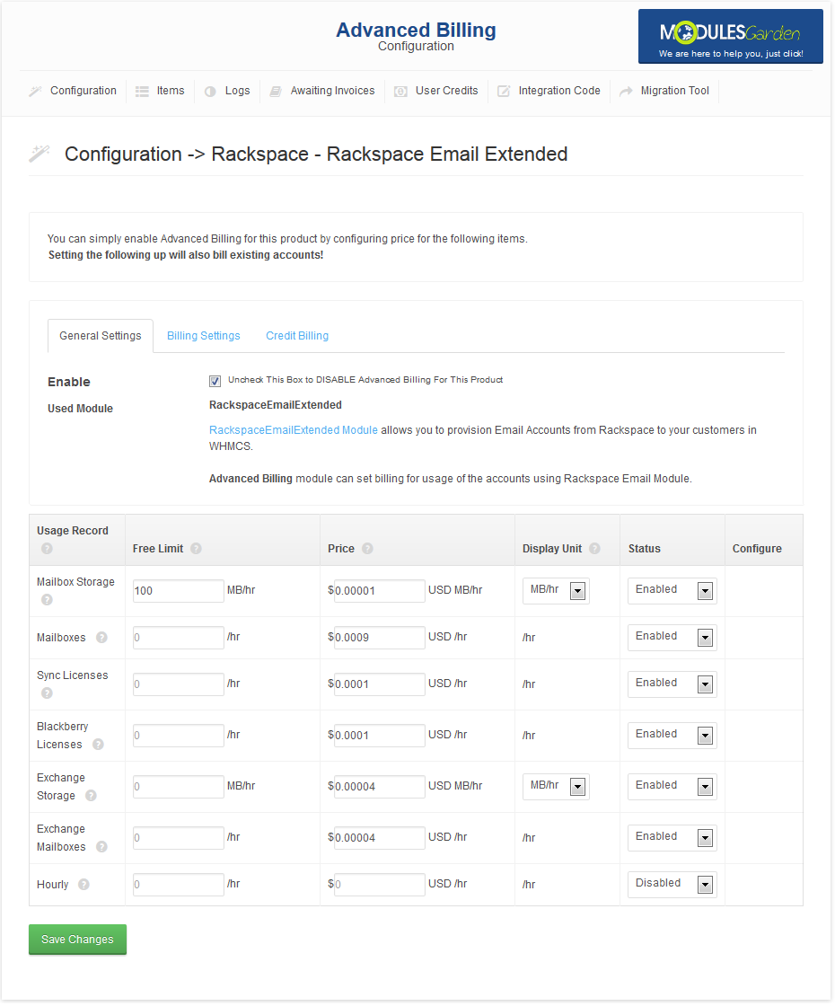 Rackspace Email Extended For WHMCS: Advanced Billing setup for the Rackspace product with usage prices