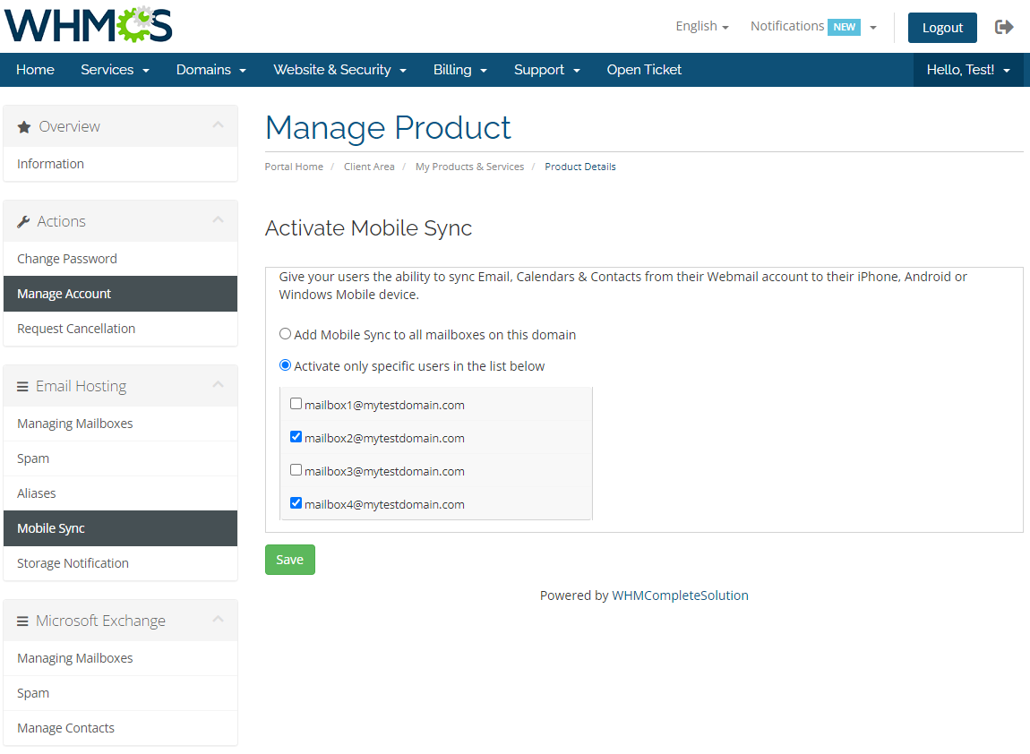 Rackspace Email Extended For WHMCS: WHMCS client area Activate Mobile Sync page with specific mailboxes selected