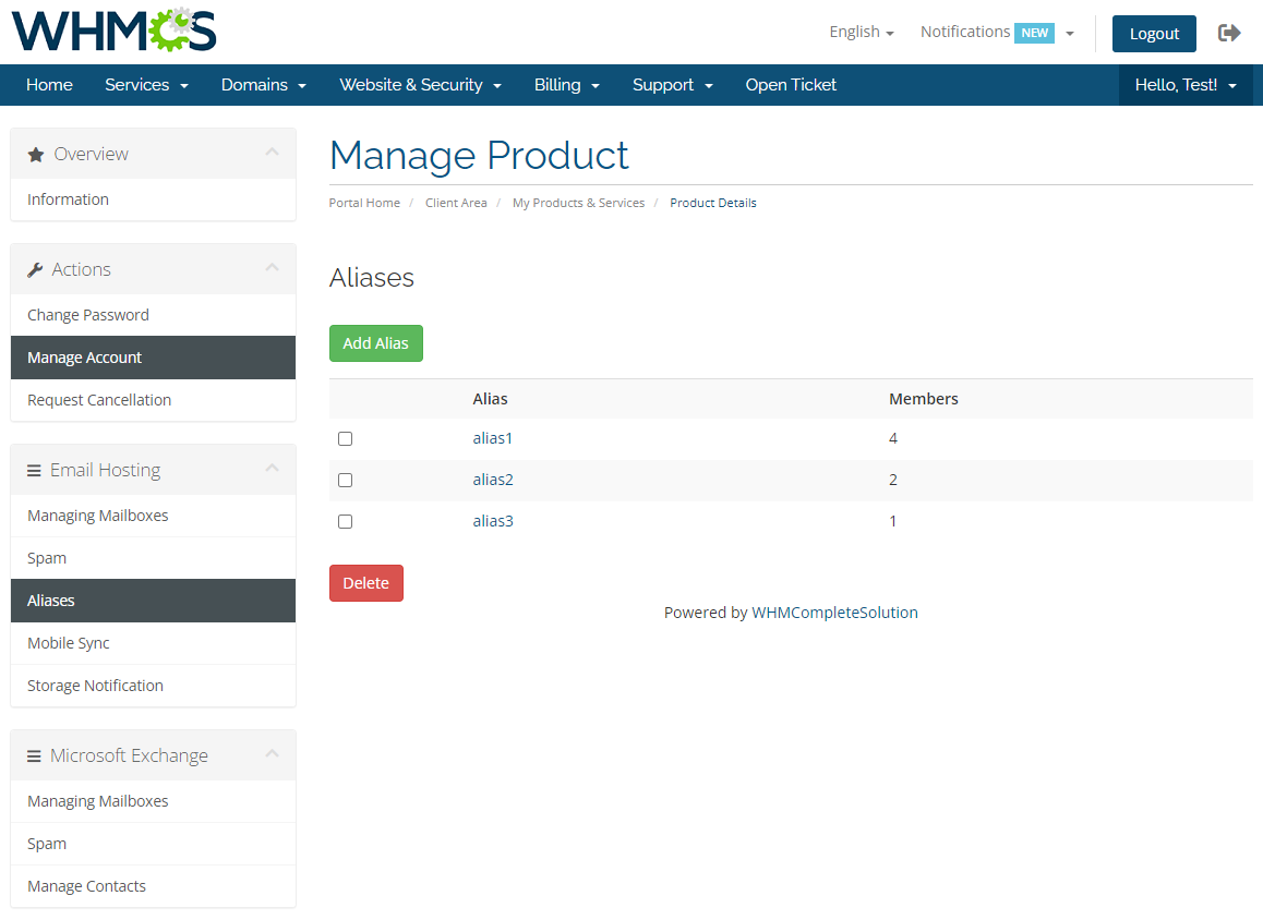 Rackspace Email Extended For WHMCS: WHMCS client area Aliases list with alias names, member counts and the Add Alias