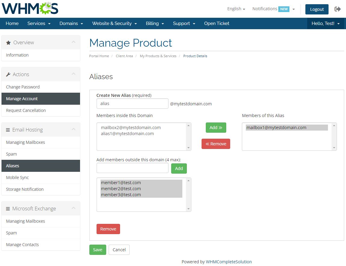 Rackspace Email Extended For WHMCS: WHMCS client area Create New Alias form with domain members and outside members