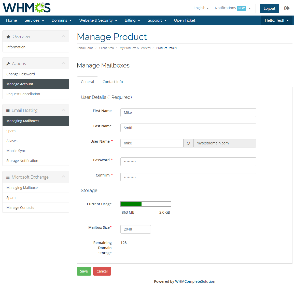 Rackspace Email Extended For WHMCS: WHMCS client area Manage Mailboxes form, General tab with user details and mailbox