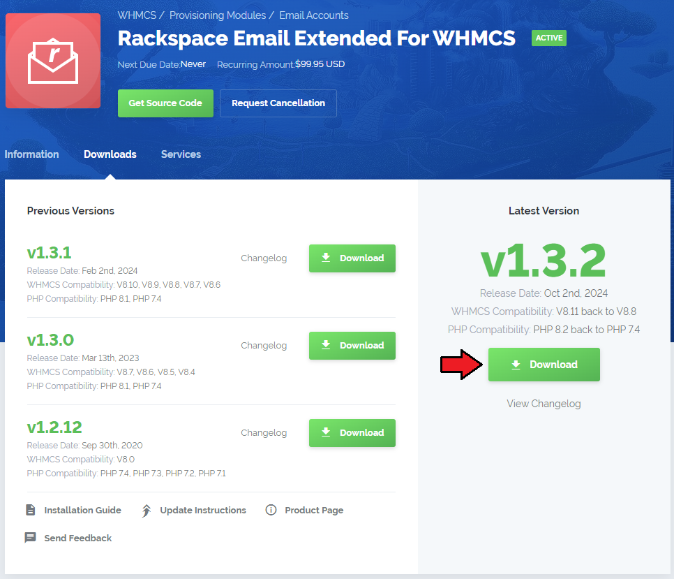 Rackspace Email Extended For WHMCS: client area product page with the Downloads tab and the latest version Download