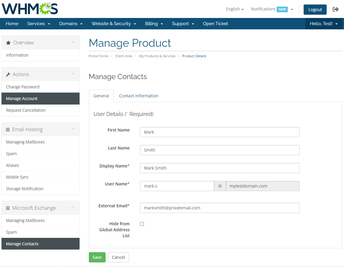 Rackspace Email Extended For WHMCS: WHMCS client area Manage Contacts form, General tab with name and external email