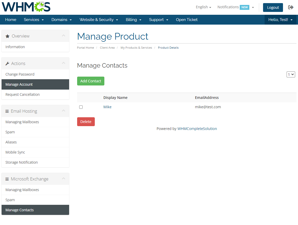 Rackspace Email Extended For WHMCS: WHMCS client area Exchange Manage Contacts list with the Add Contact button