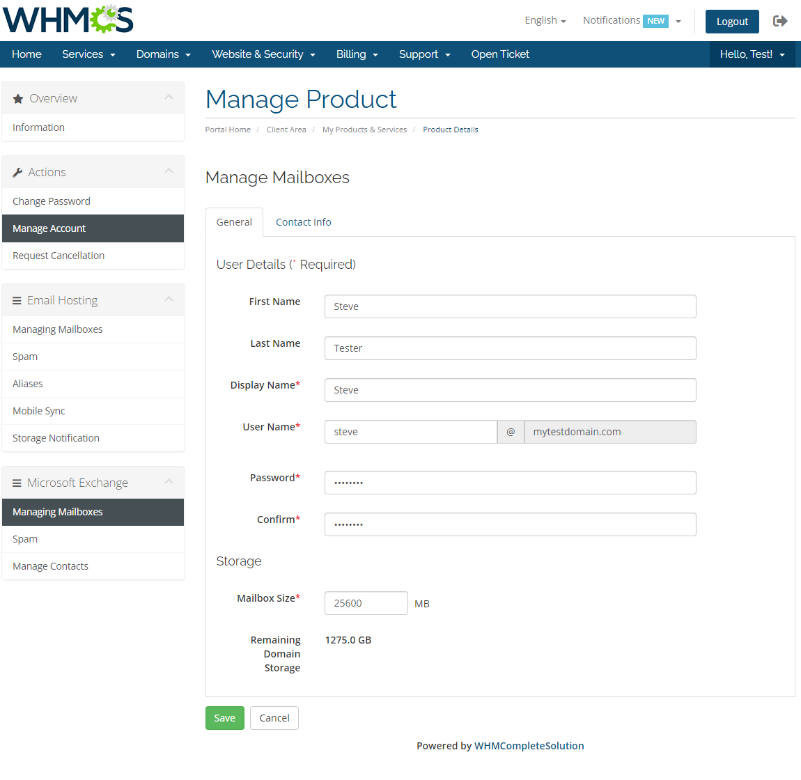 Rackspace Email Extended For WHMCS: WHMCS client area Exchange mailbox form, General tab with user details and size