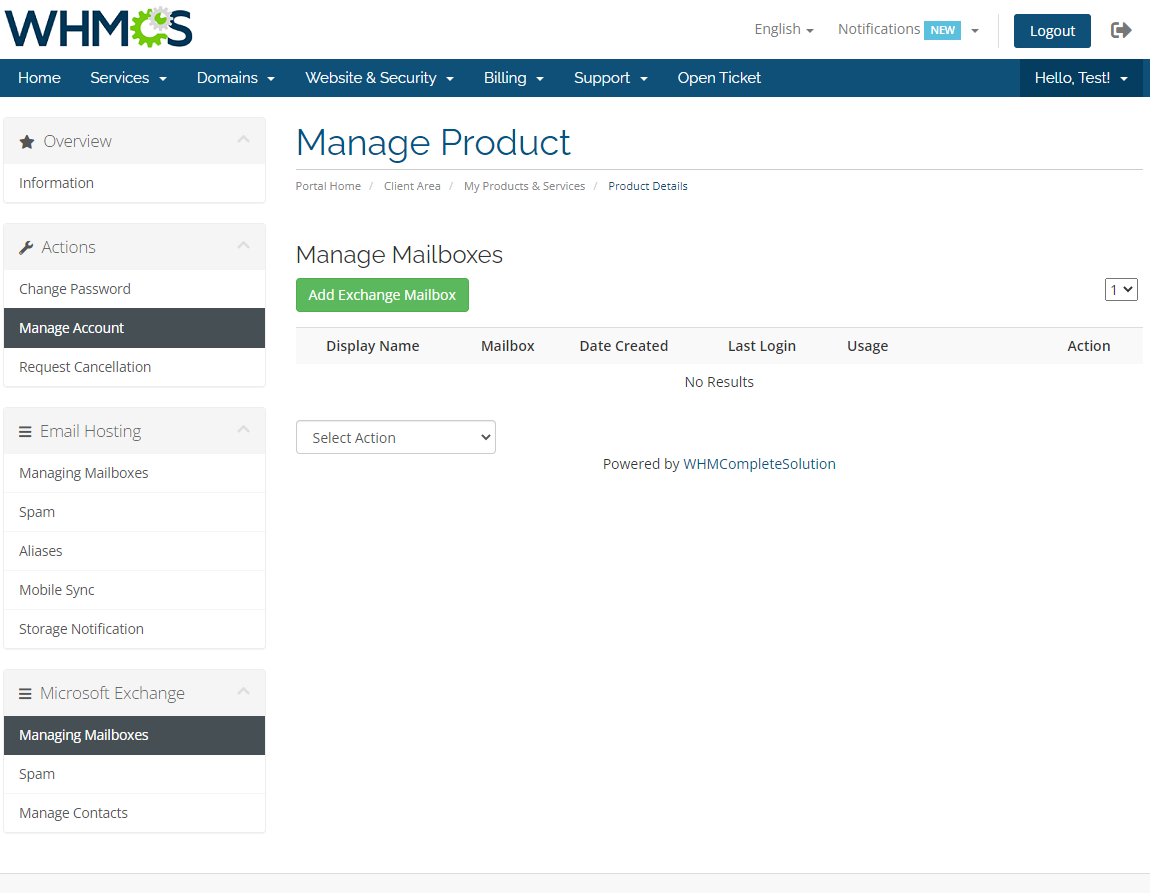 Rackspace Email Extended For WHMCS: WHMCS client area Exchange Manage Mailboxes list with Add Exchange Mailbox button
